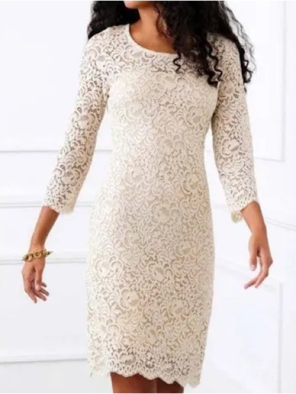NWT ✨ Karen Kane Ivory Lace 3/4 length Sleeve Sheath Dress size Small
